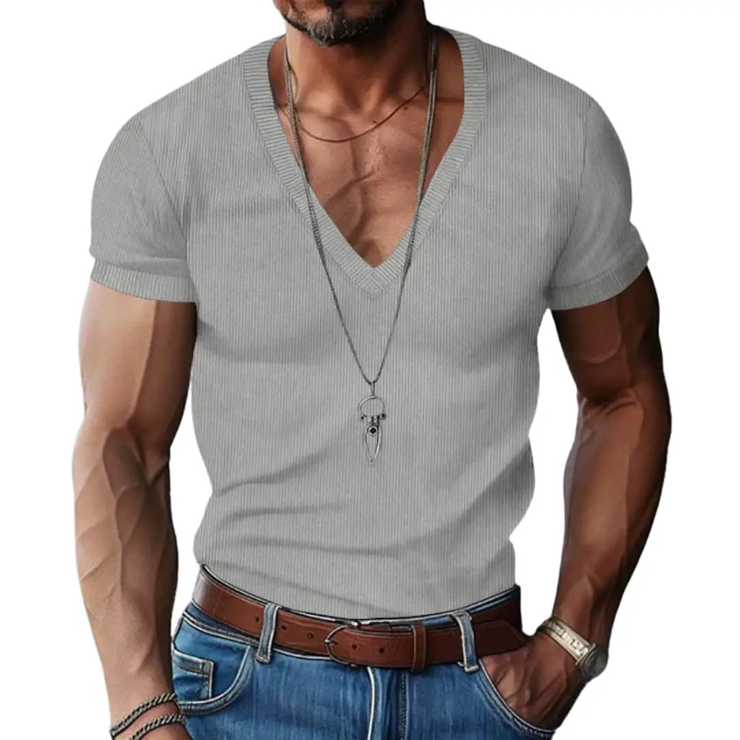Women’s V-Neck Short Sleeve T-Shirt in gray ribbed knit worn by a male model