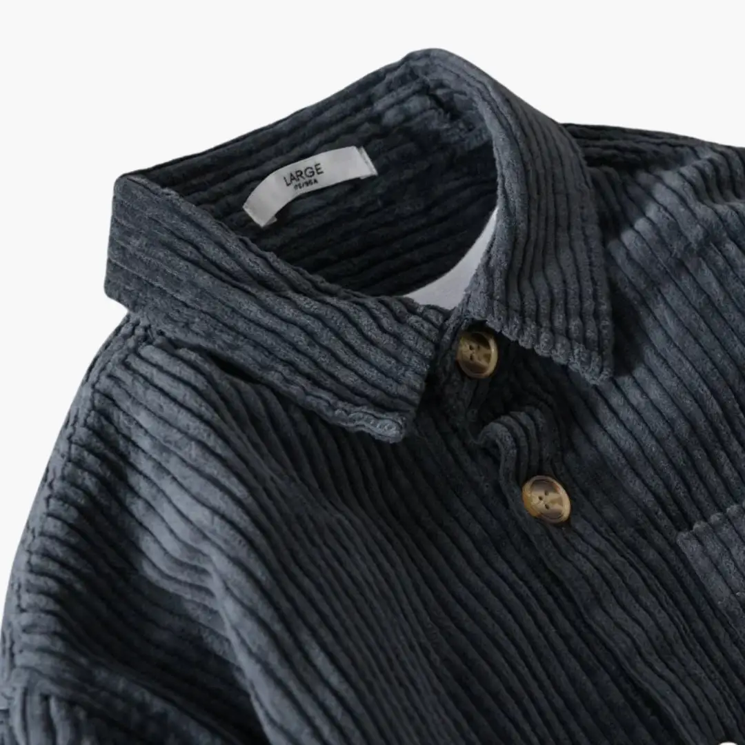 Corduroy overshirt for men with oversized sleeves and button placket in dark blue, Wilfred Smith