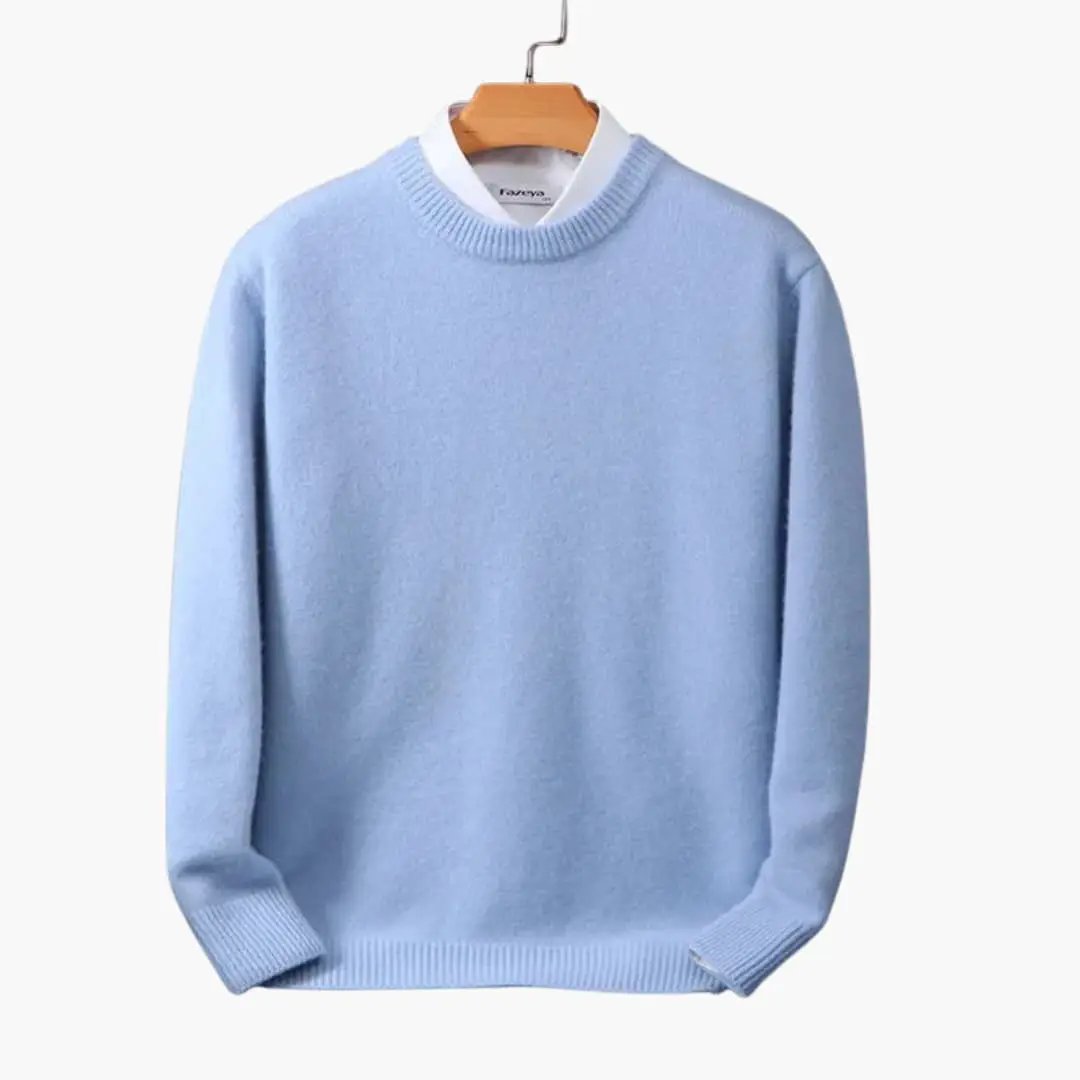 Fine knit sweater for men in light blue by Wilfred Smith