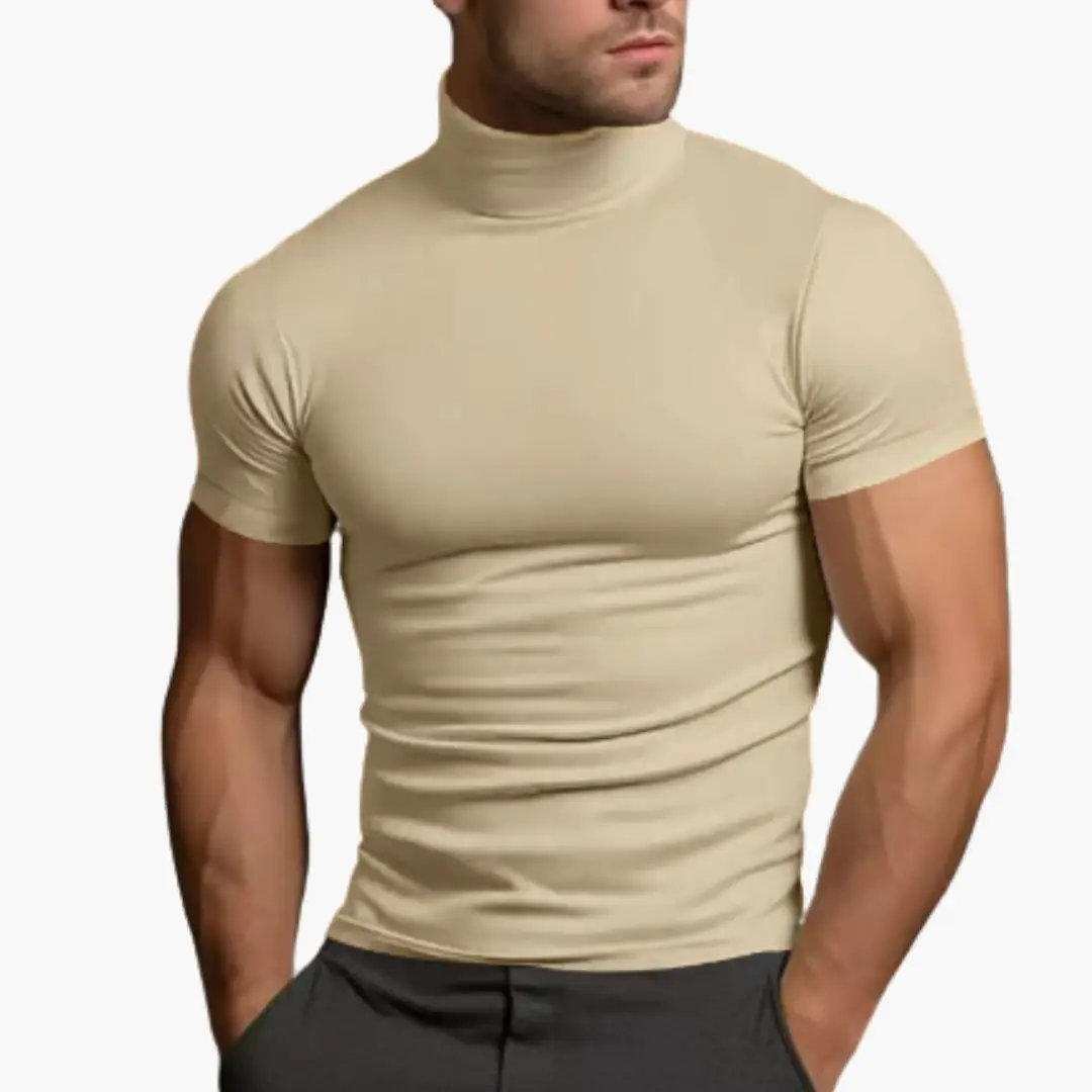 Turtleneck casual shirt for men, beige slim-fit top for everyday wear