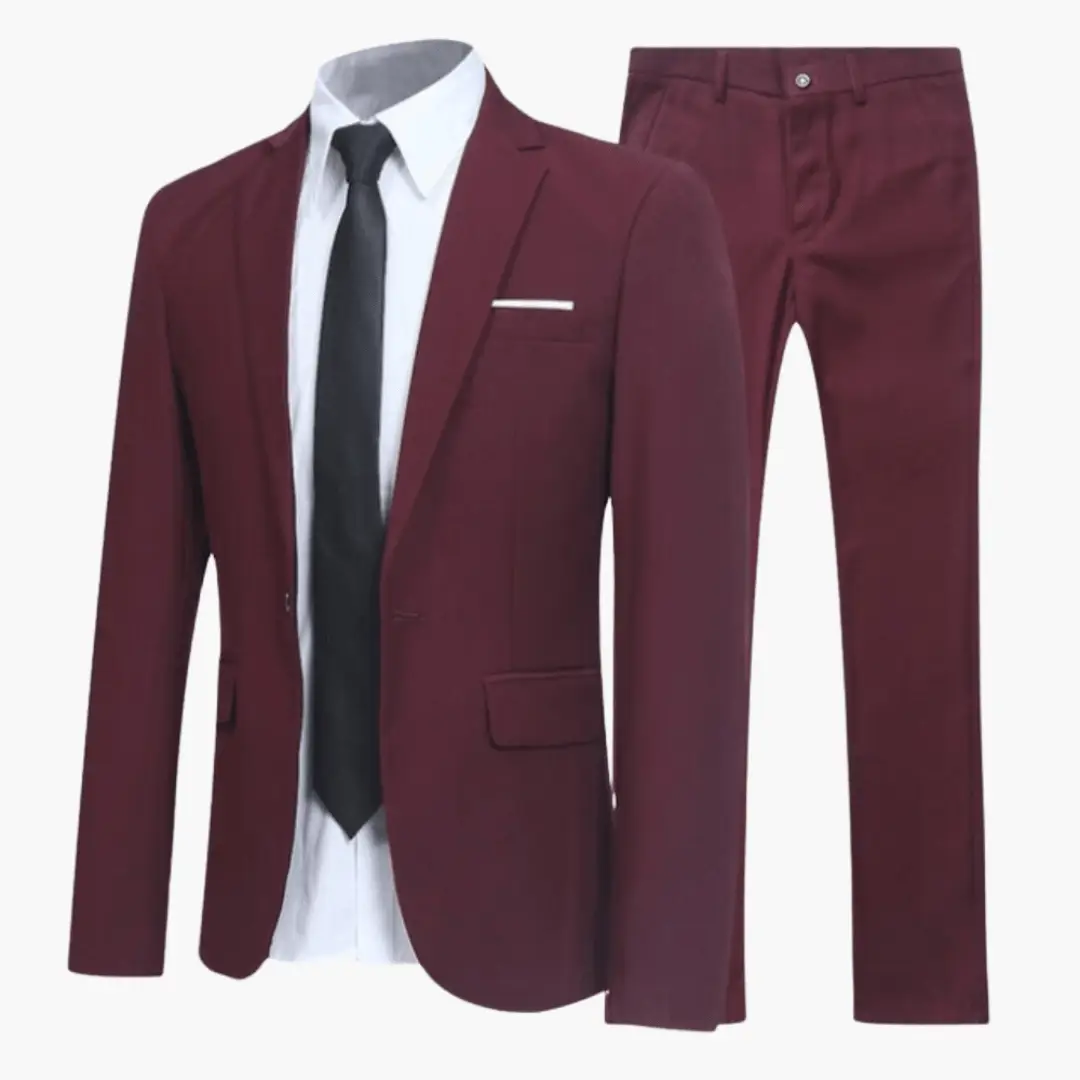 Men's burgundy suit set with white shirt and black tie, blazer and trousers.