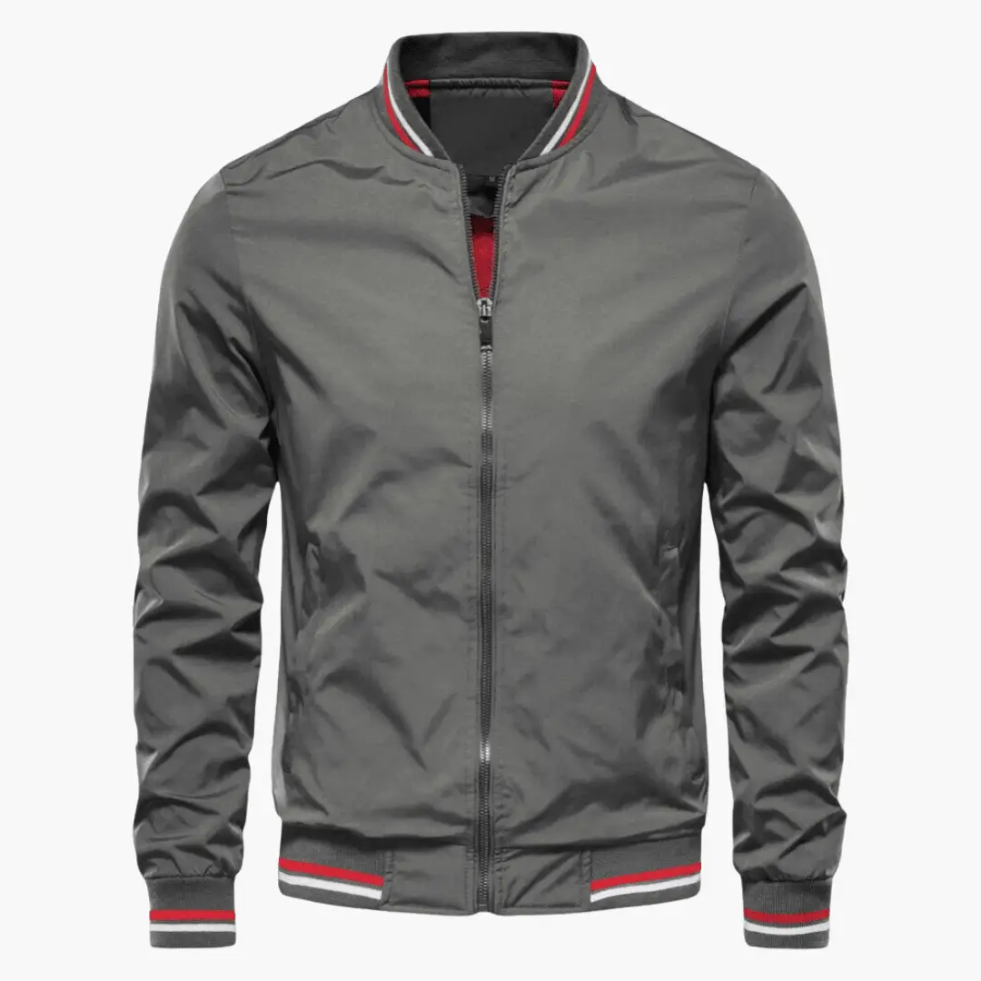 Structured Jacket for Men, gray bomber-style jacket with red and white ribbed collar and cuffs; front zipper.