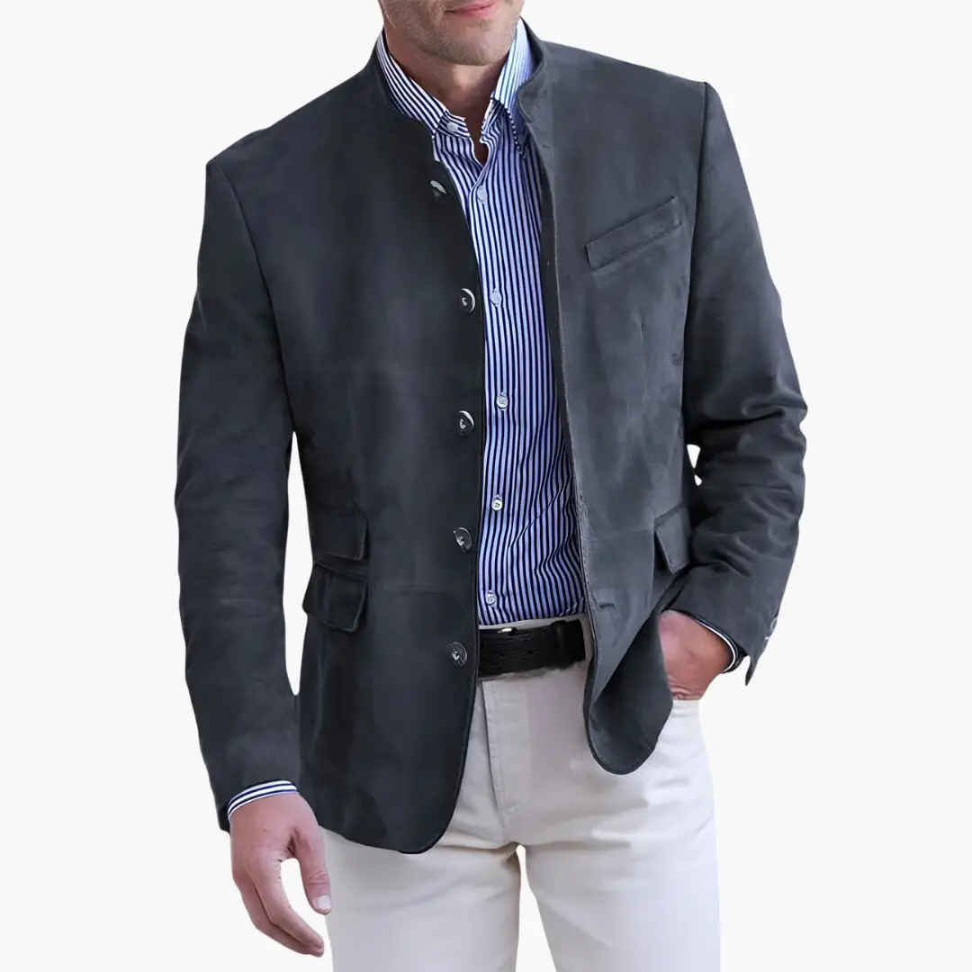 Men's jacket with button closure and textured surface in dark charcoal.