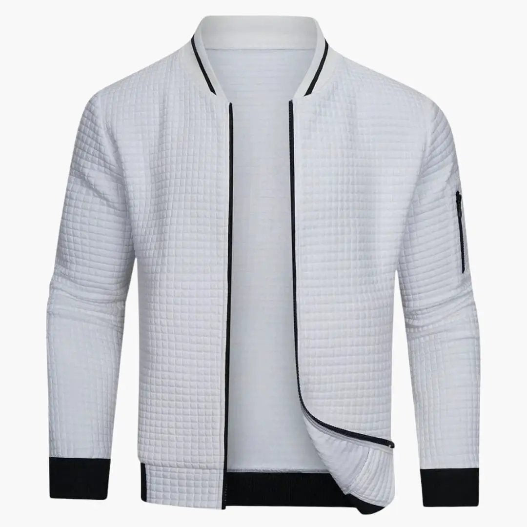 Men's zip-up pullover with ribbed quilted texture, white with black trim, Wilfred Smith