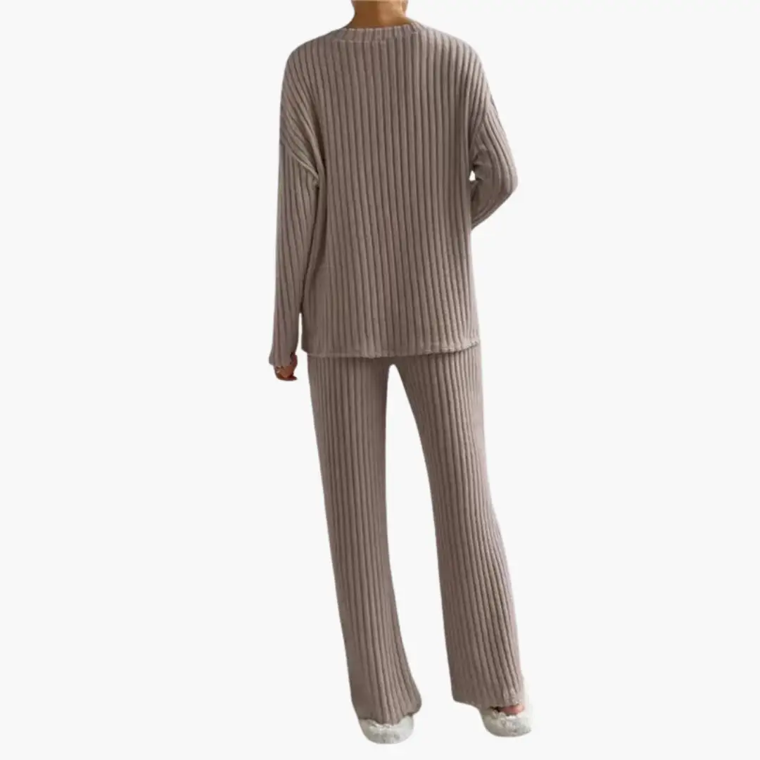 Women's two-piece ribbed knit lounge set with V-Neck in taupe by Wilfred Smith