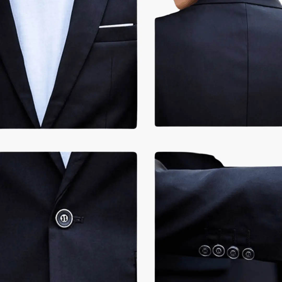 Navy men's suit set with tie by Wilfred Smith; front blazer with white pocket square and buttoned sleeves.