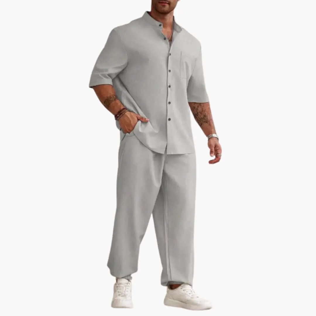 Men's set by Wilfred Smith: light gray short-sleeve shirt and matching pants