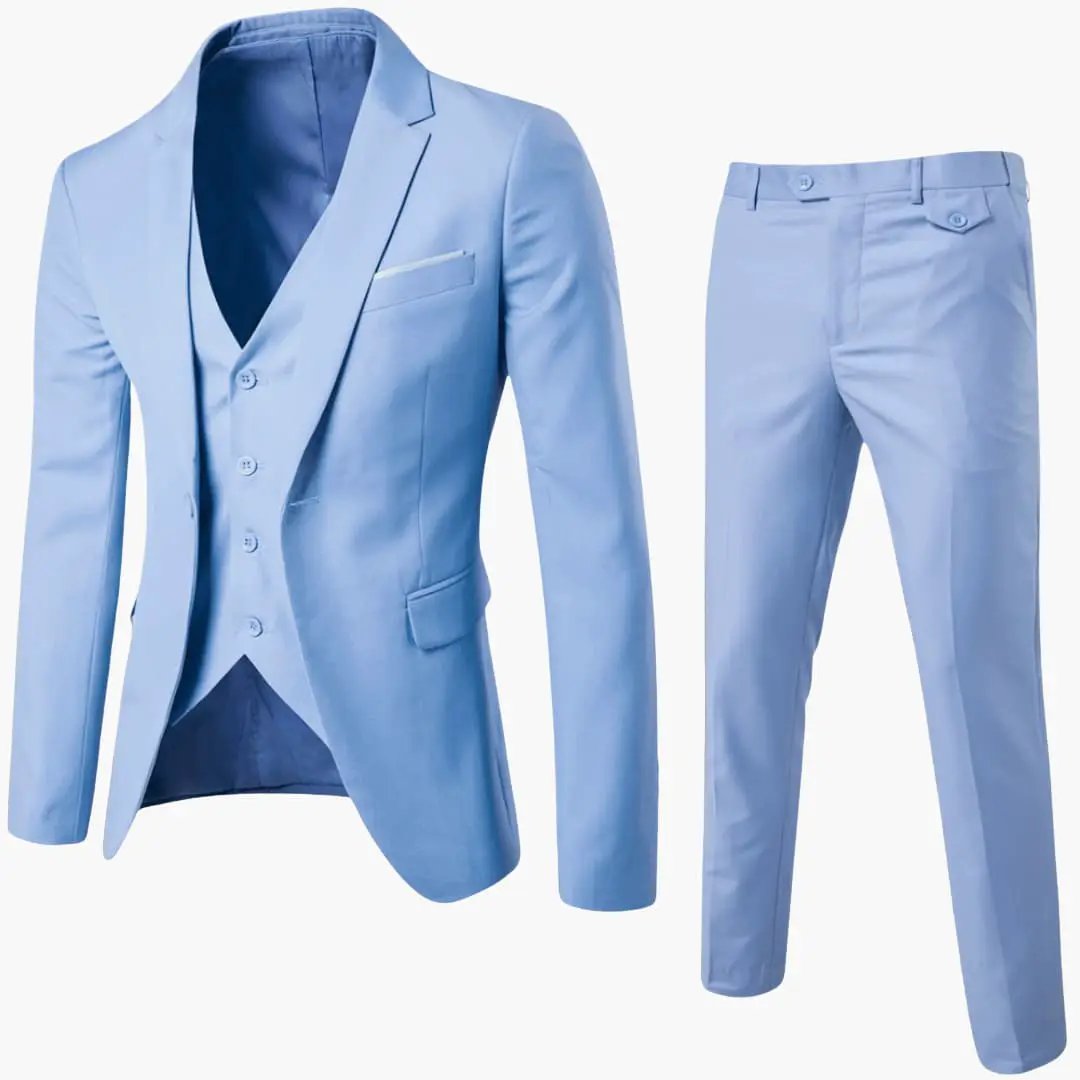 Men's Summer Three-Piece Suit by Wilfred Smith in light blue with jacket, vest and pants