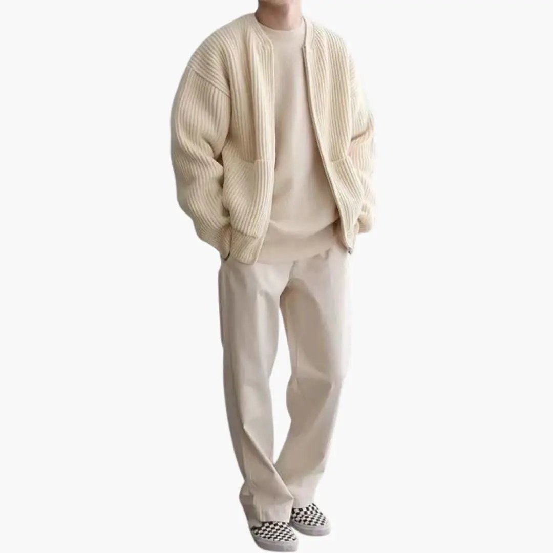 Wilfred Smith men's cardigan, beige knit with ribbed texture for everyday wear