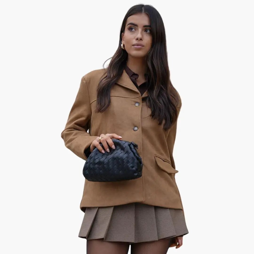 Suede jacket in camel with button placket and front pockets, two-item set with black woven clutch
