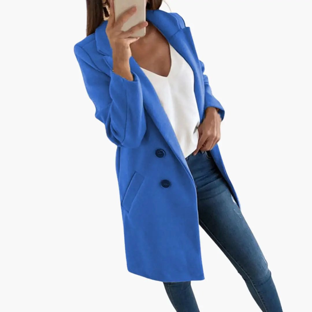 Button Closure Coat for Women, blue mid-length coat worn over white top and jeans.