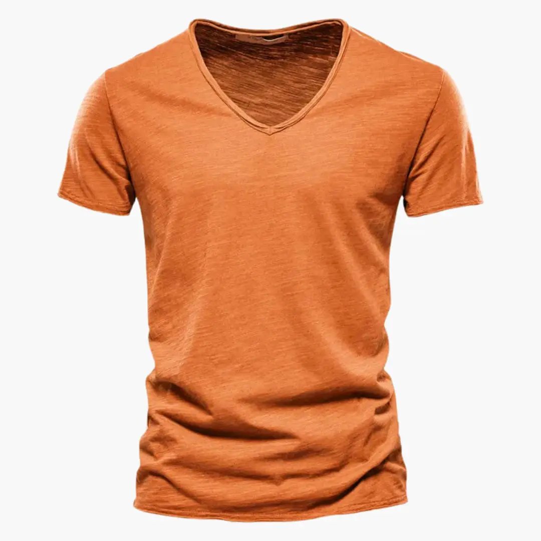 Light Summer Shirt for Men, orange V-neck short-sleeve T-shirt by Wilfred Smith