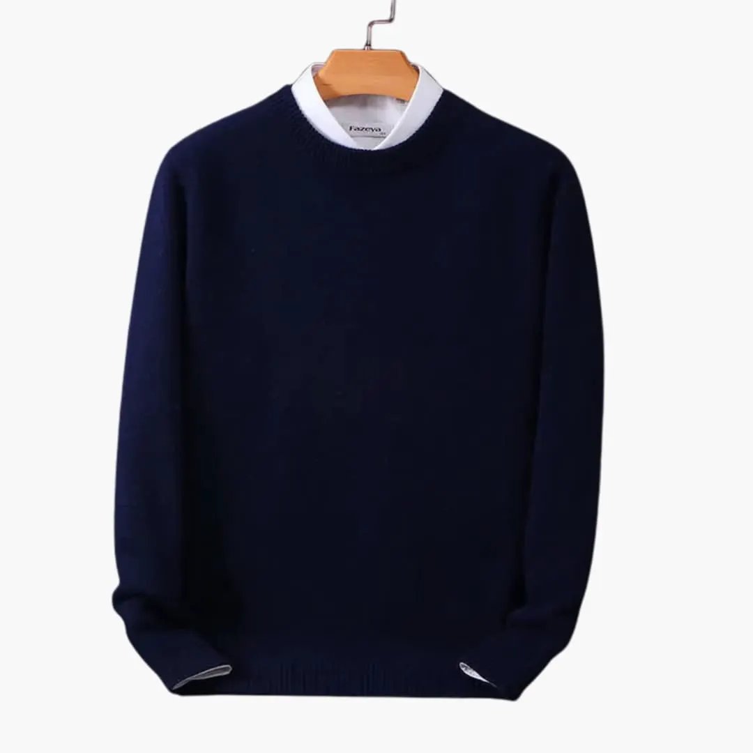 Fine Knit Sweater for Men in navy blue crewneck, white shirt collar peeking out