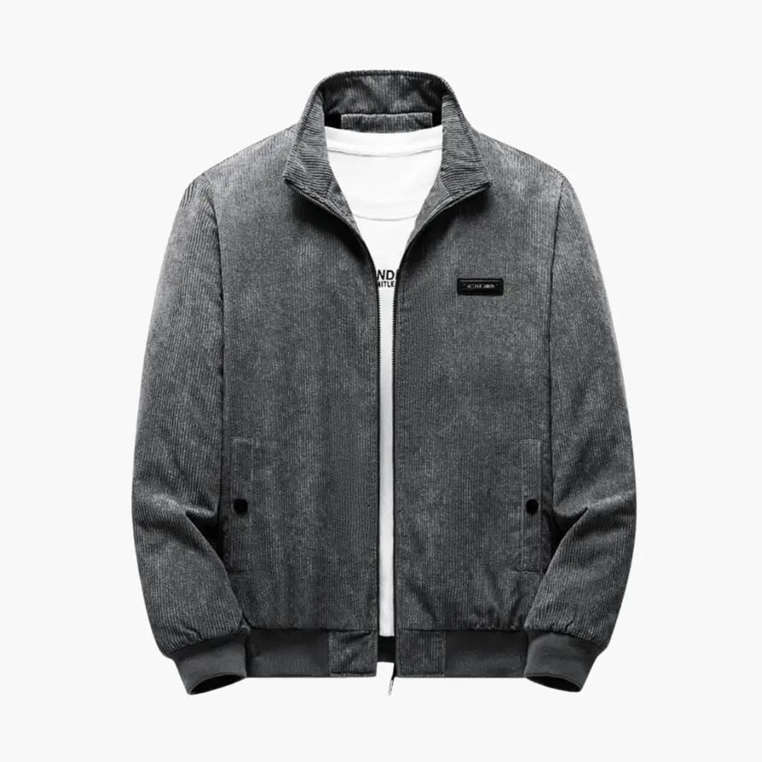 Comfortable Ribbed Cord Jacket for Men by Wilfred Smith in gray, zip-front bomber-style.