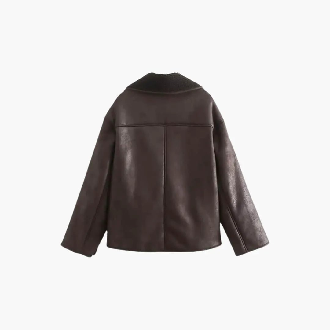 Leather jacket, brown, women's, long sleeves with shearling collar, back view