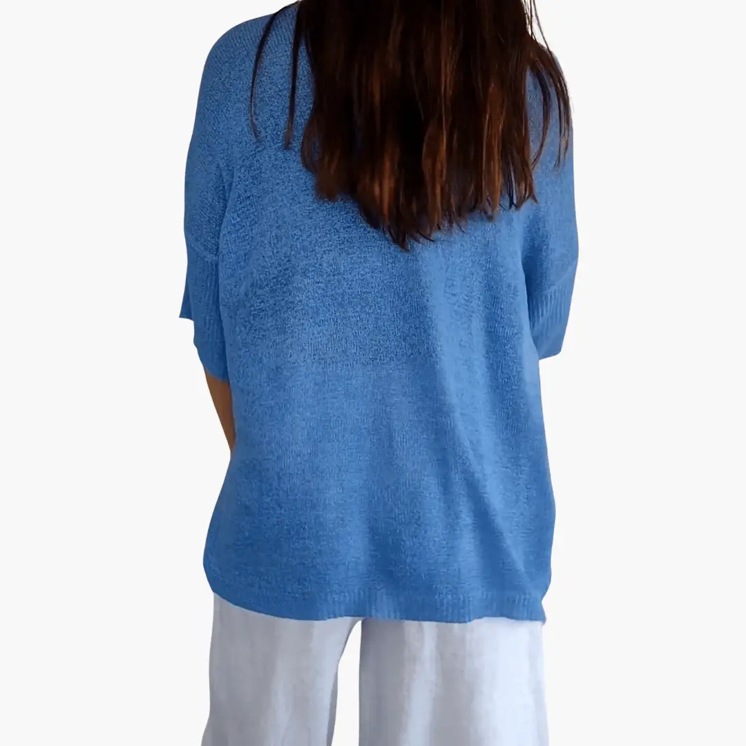 Blue women's V-neck top by Wilfred Smith, loose casual summer knit sweater
