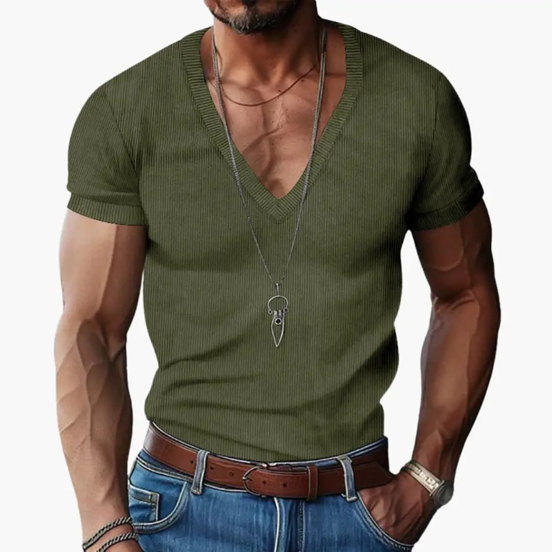 Men's V-neck ribbed short-sleeve T-shirt by Wilfred Smith in olive green