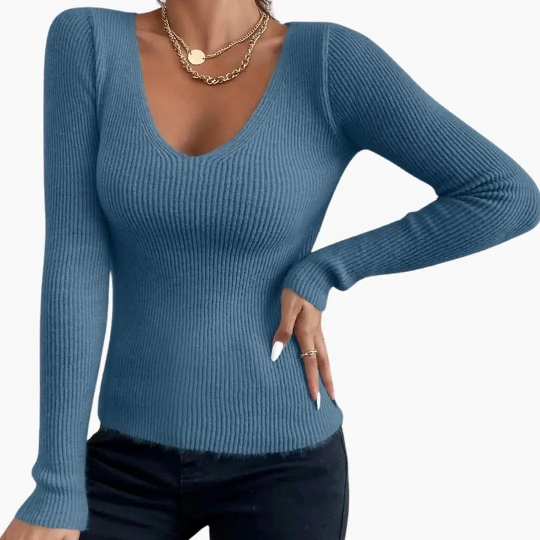 Women's V-neck knit sweater by Wilfred Smith in blue ribbed knit with long sleeves