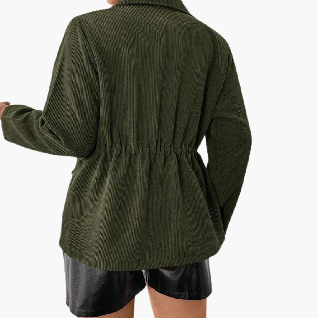 Women's corduroy jacket with waist drawstring in olive green, back view.