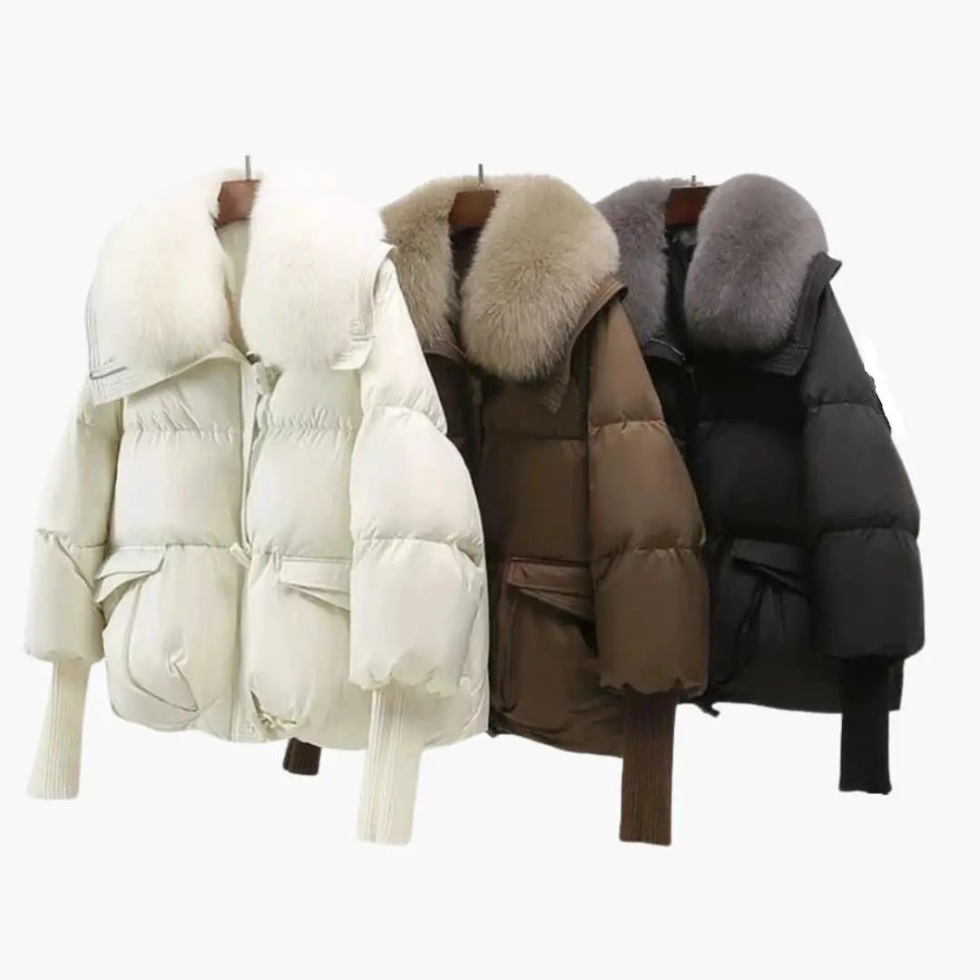 Damen-Winterjacke Puffer jackets with faux fur collars in white, brown and black — set of 3