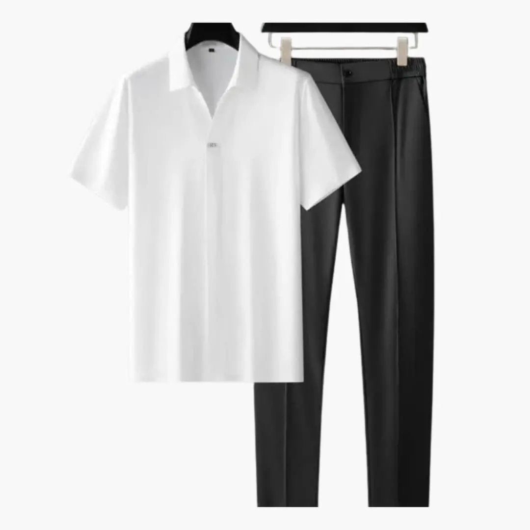 Men's Wilfred Smith two-piece outfit set: white short-sleeve shirt and black slim-fit pants