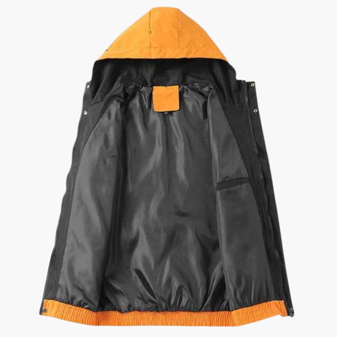 Hooded men's casual jacket, black body with orange hood and hem, back view