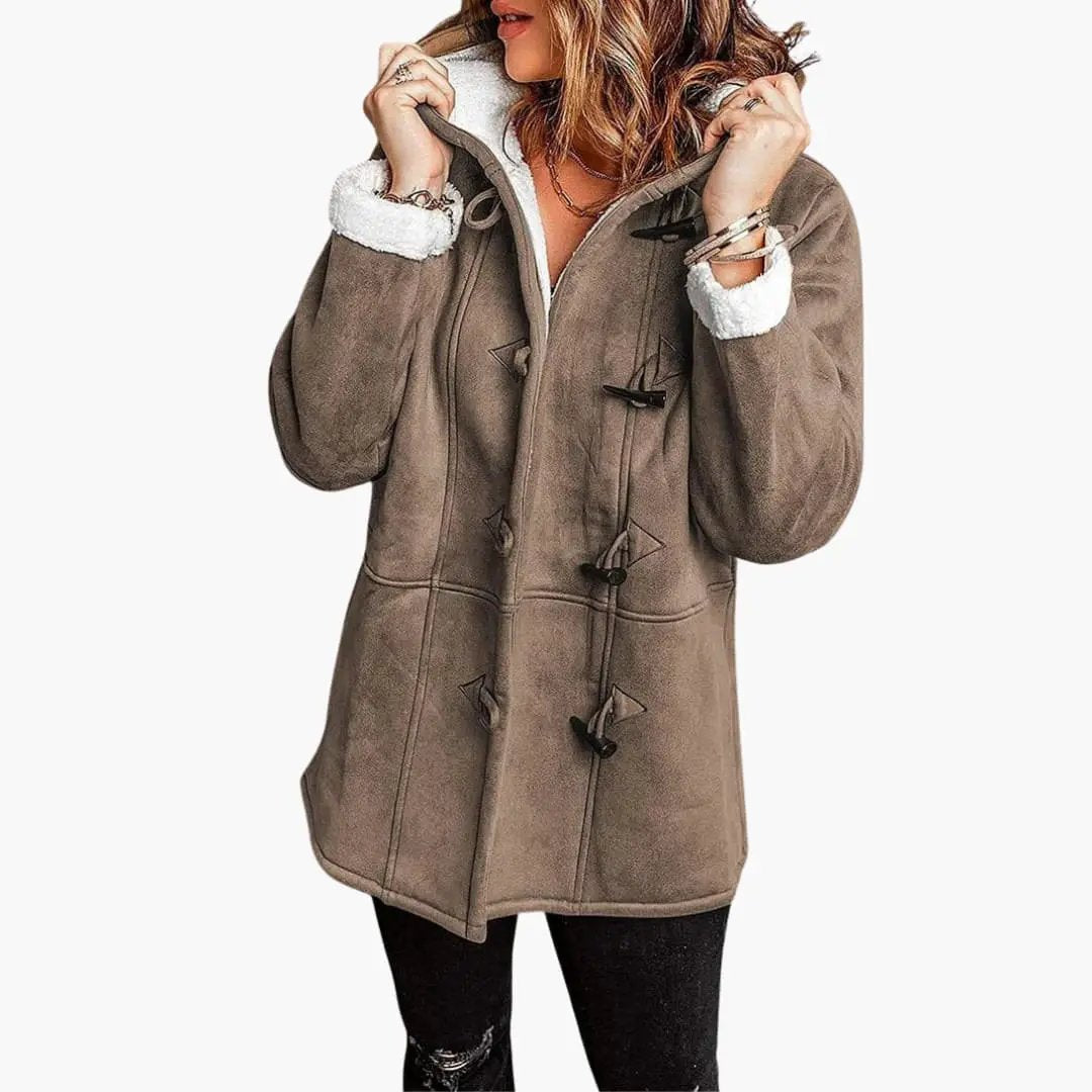 Women's duffle jacket with hood in brown suede-like fabric, toggle closures and shearling cuffs