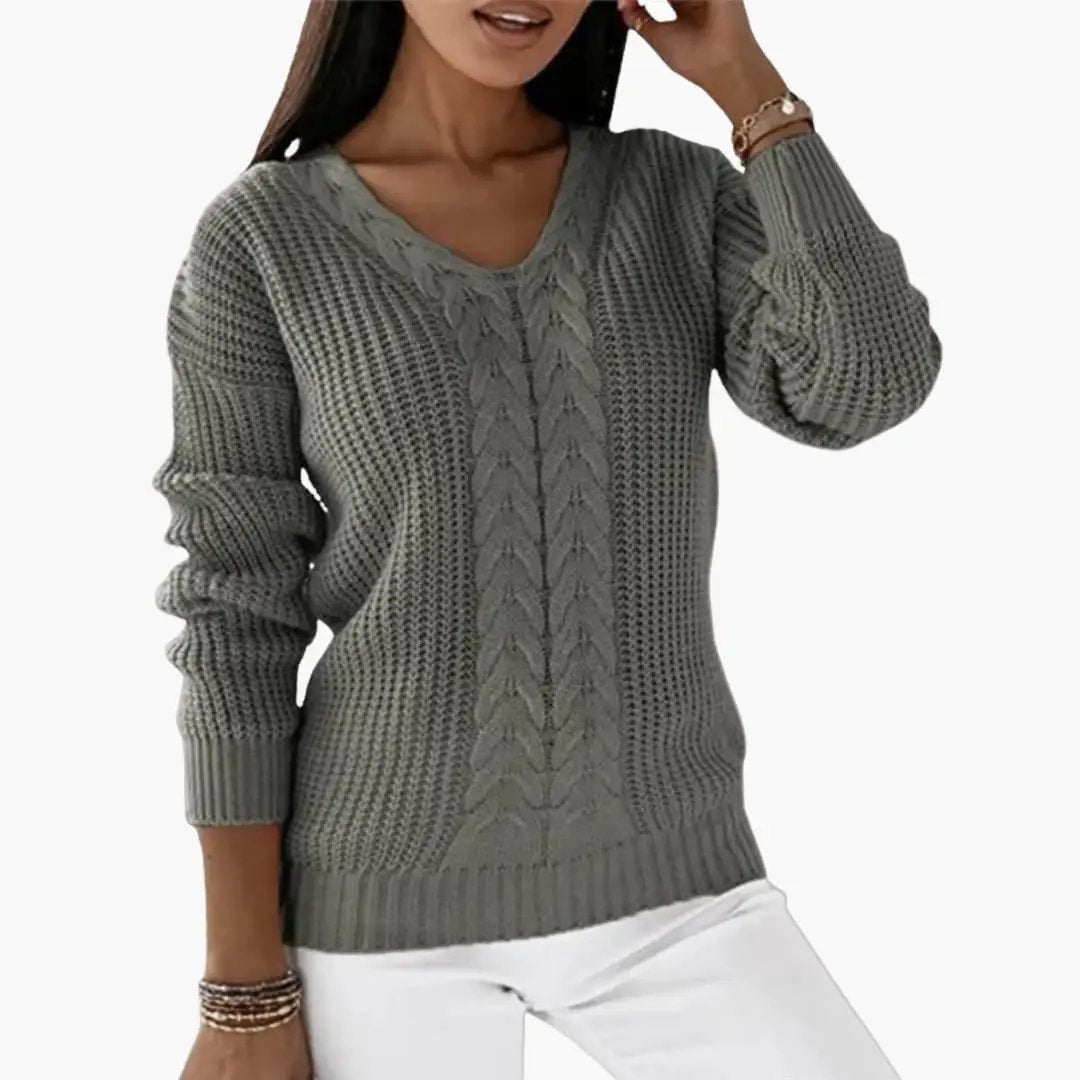 Women's cable-knit V-neck pullover in gray, by Wilfred Smith