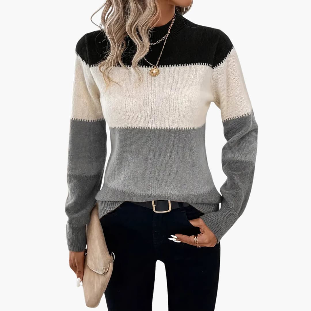 Women's colorblock knit pullover with round neckline in black, cream and gray