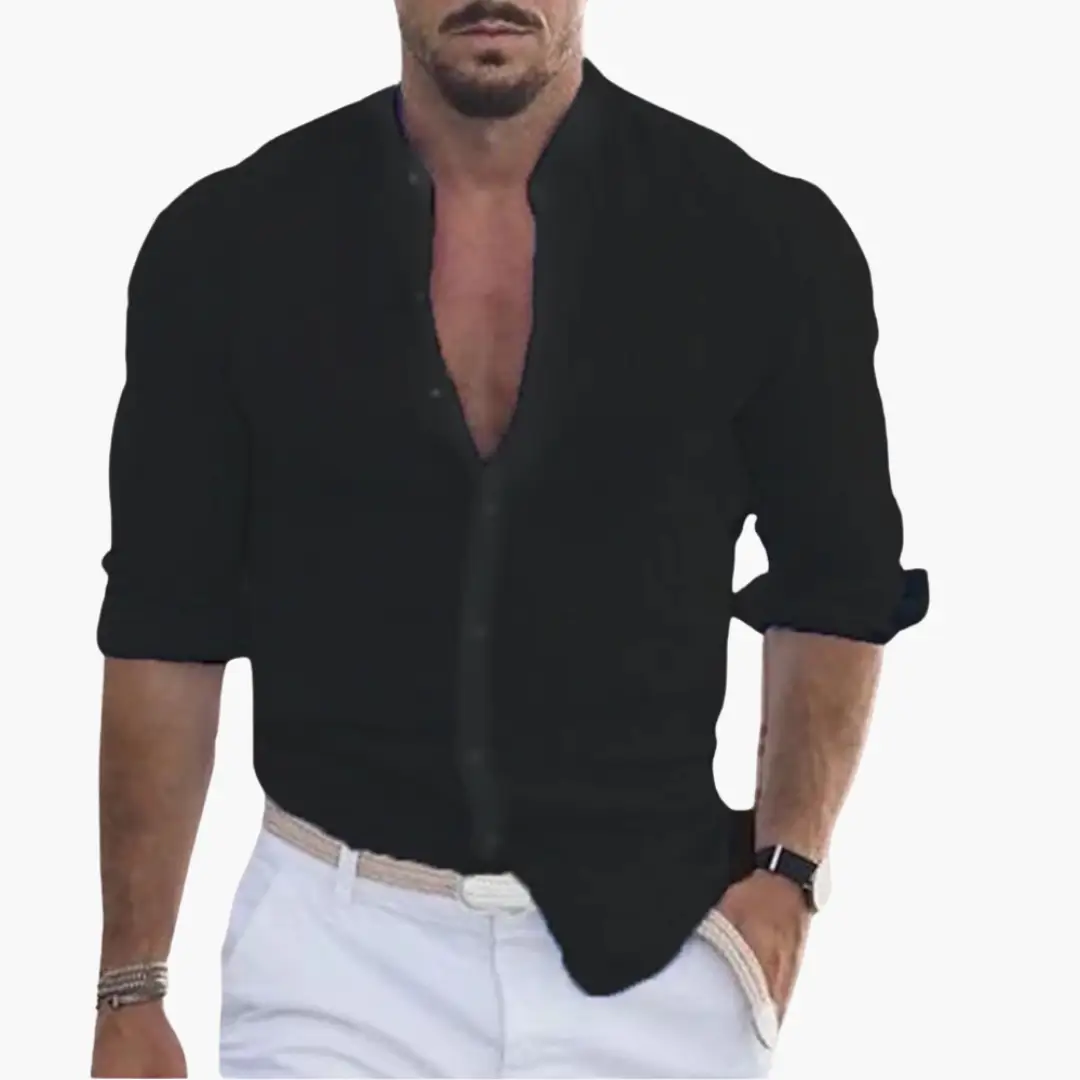 Summer Shirt for Men by Wilfred Smith, black lightweight shirt with stand-up collar