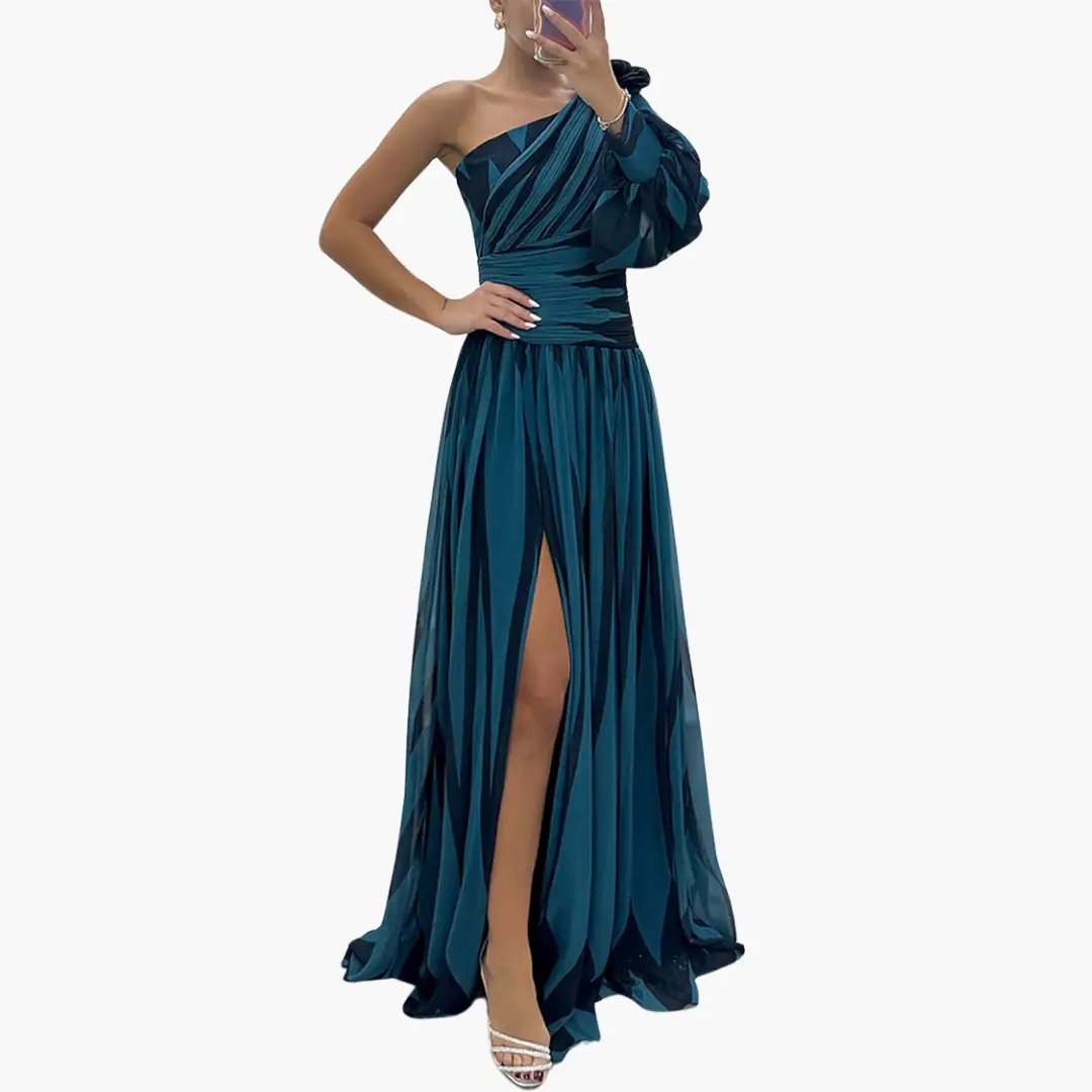 Striped one-shoulder maxi dress in teal with thigh-high slit, Wilfred Smith