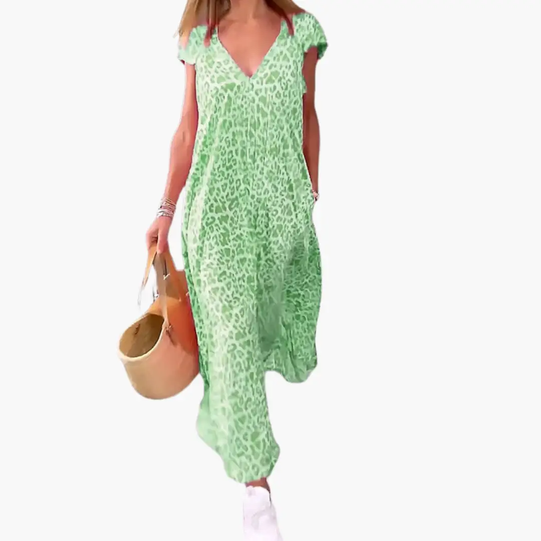 Leo Maxi Dress for Women by Wilfred Smith - green leopard-print maxi dress with V-neck, loose fit.