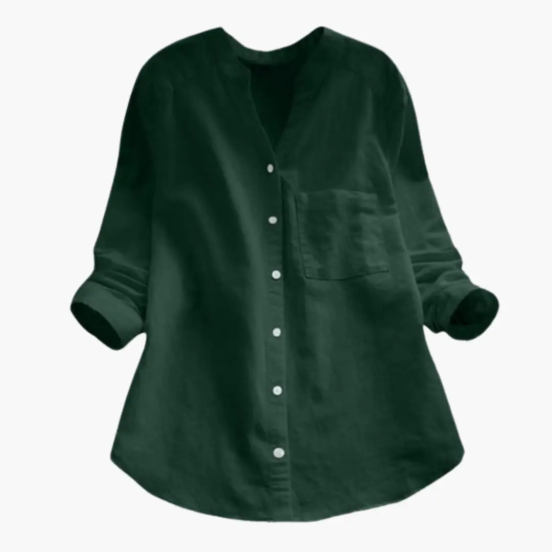 Loose-fitting women's blouse by Wilfred Smith, dark green long-sleeve button-down with stand-up collar and chest pocket