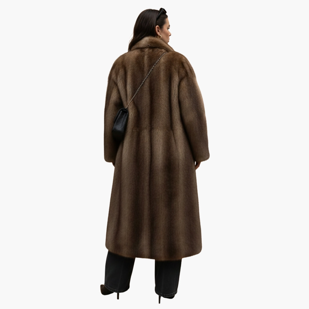 Women's brown fur coat with stand-up collar and long sleeves, back view