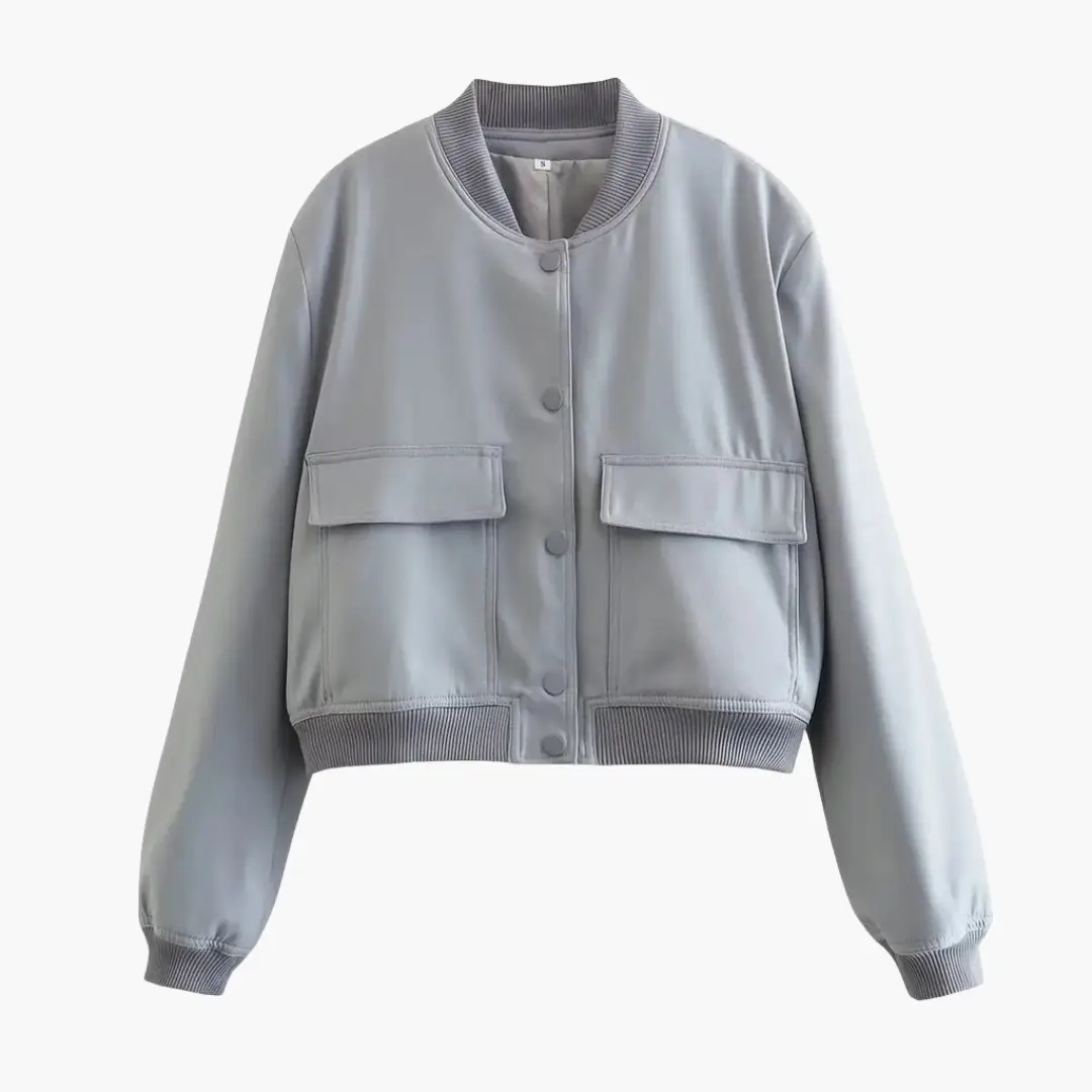 Women's utility bomber jacket by Wilfred Smith with large flap pockets in light grey-blue