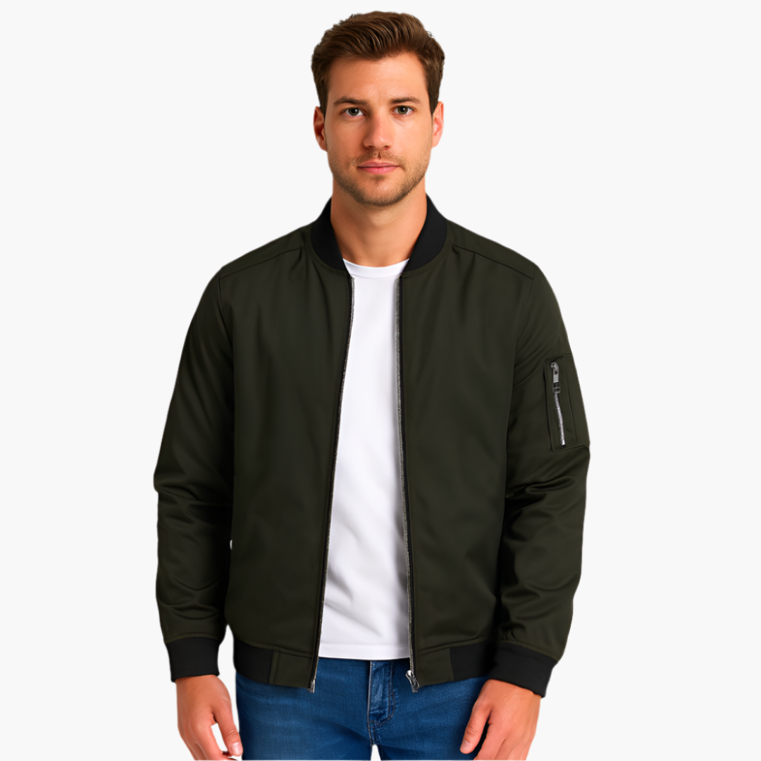 Men's olive green bomber jacket with ribbed hem and cuffs, front zip, and zippered arm pocket.