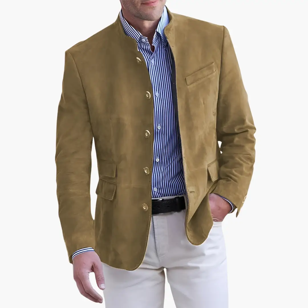 Men's tan suede-textured jacket with button closure and stand-up collar.