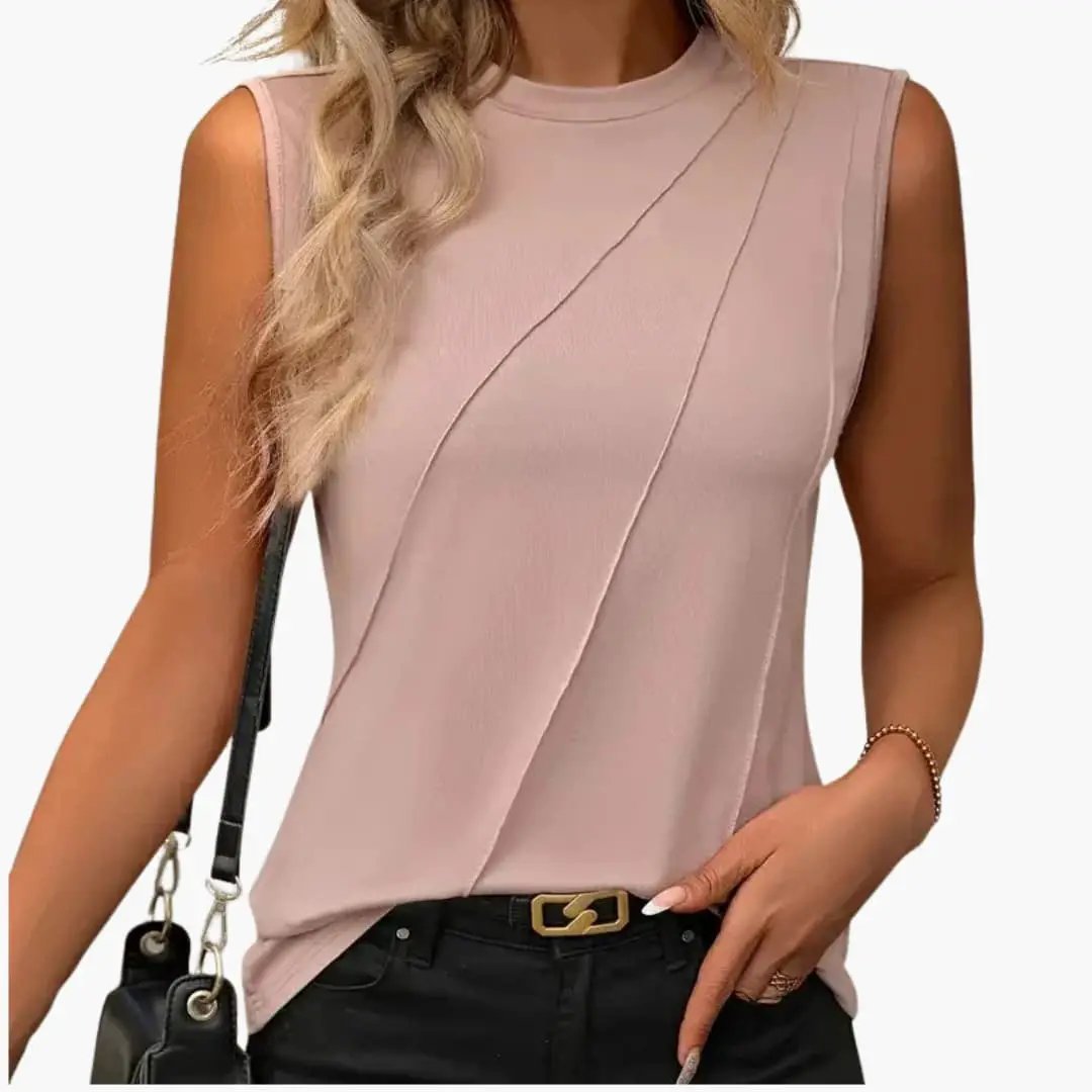 Women’s pink woven blouse with diagonal panel detailing