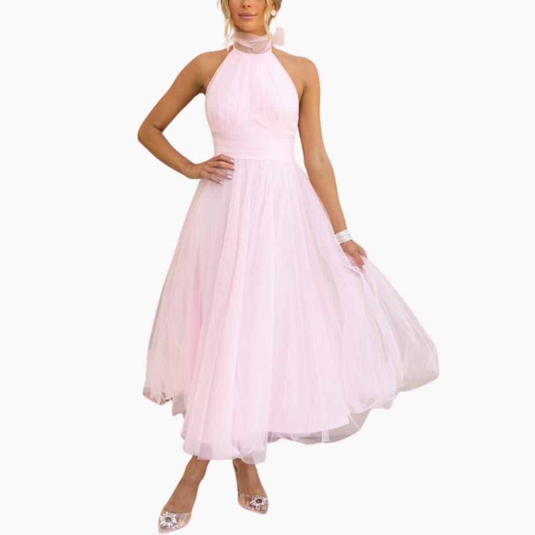 Women's tulle halter-neck midi dress by Wilfred Smith in pink for elegant party wear