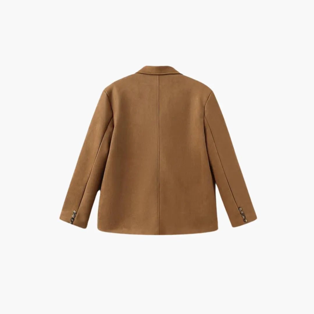 Trendy Women's Suede Jacket back view in camel with button cuffs, Wilfred Smith