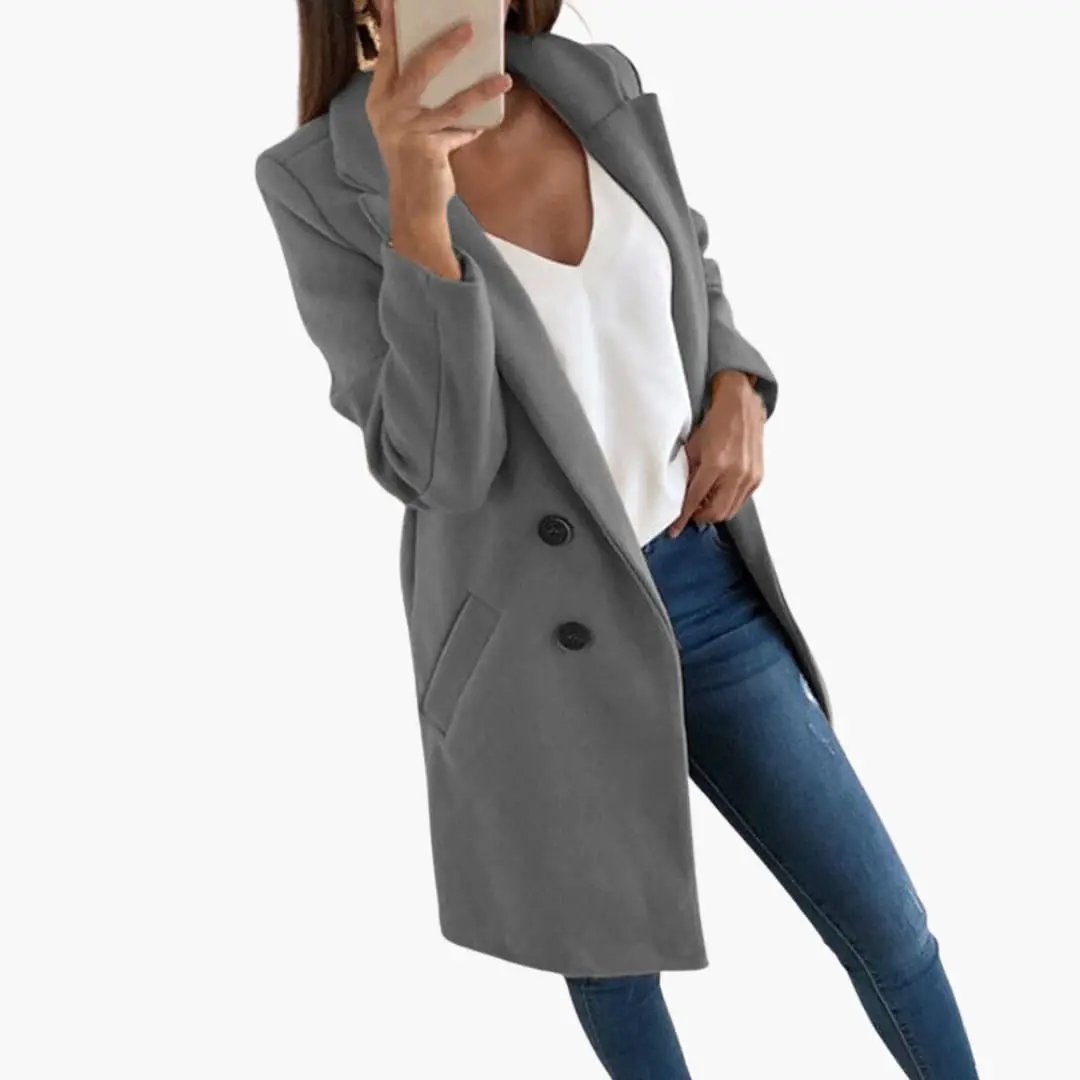 Button Closure Coat for Women, gray longline double-breasted coat by Wilfred Smith