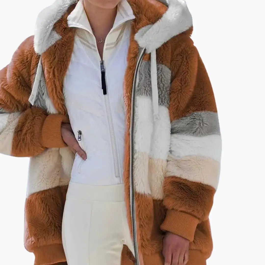 Women's patchwork faux-fur jacket with hood and zip closure in brown, cream, and gray tones
