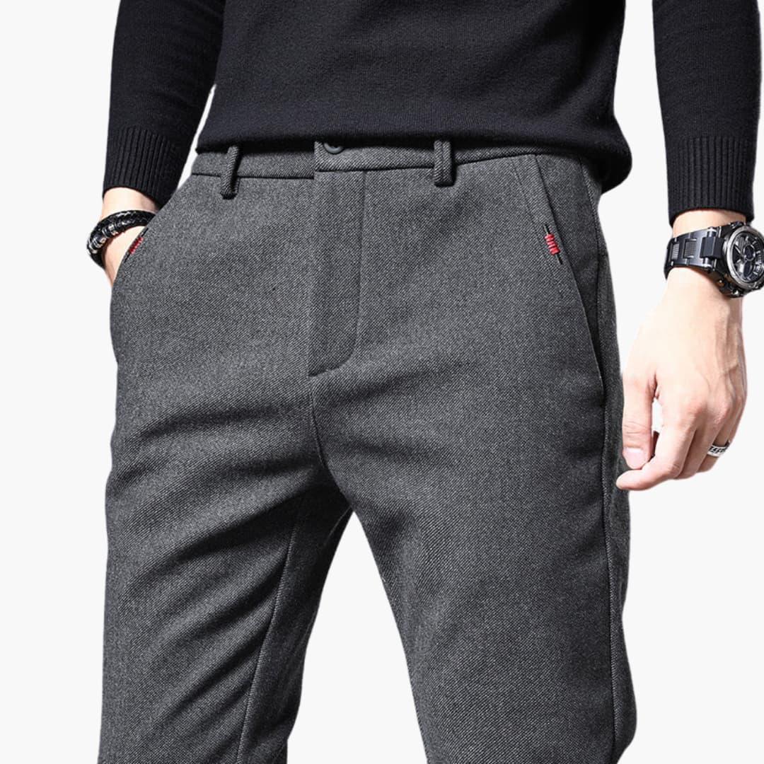 Casual trousers for men by Wilfred Smith in grey textured fabric.