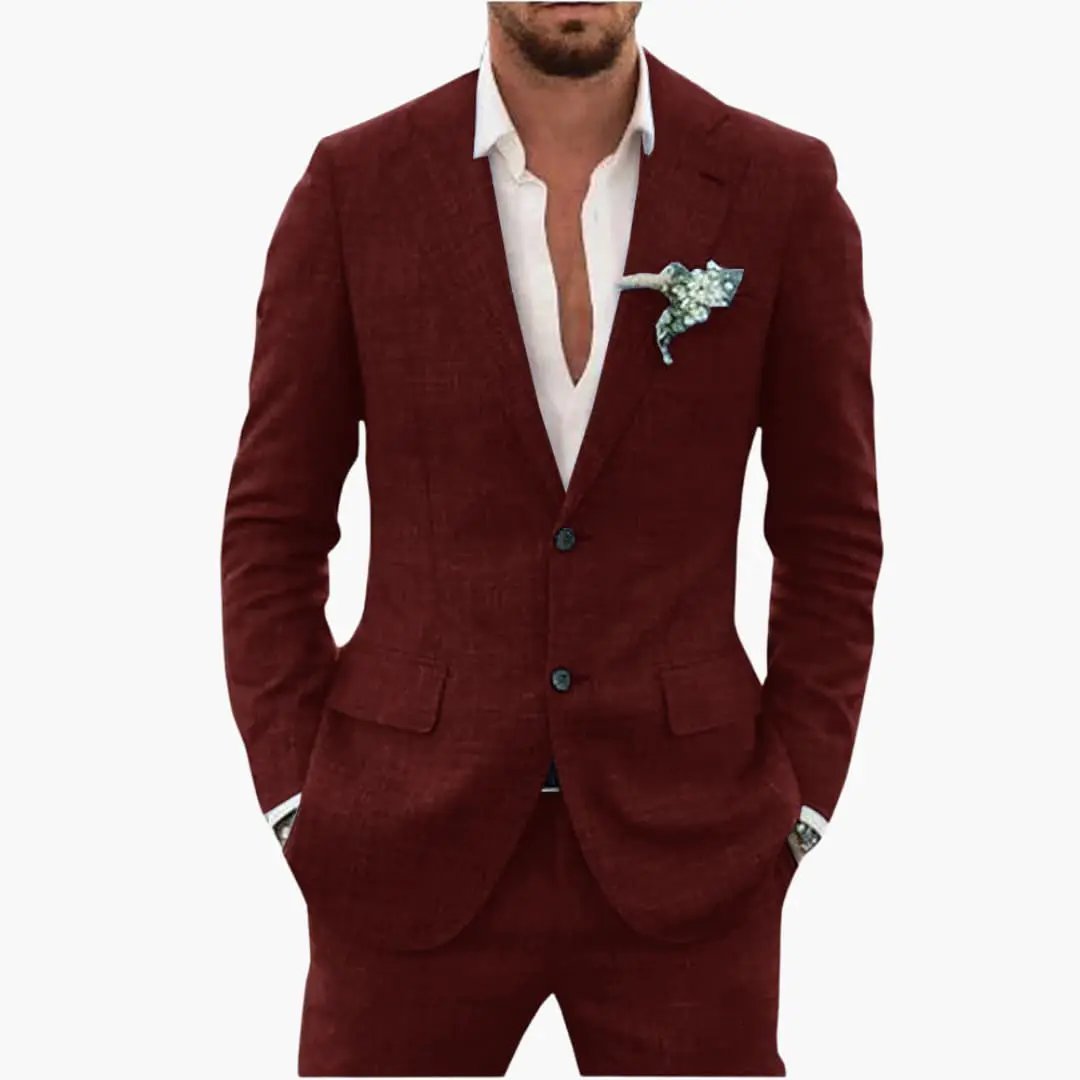 Men's burgundy two-piece wedding suit with notched lapel and button closure.