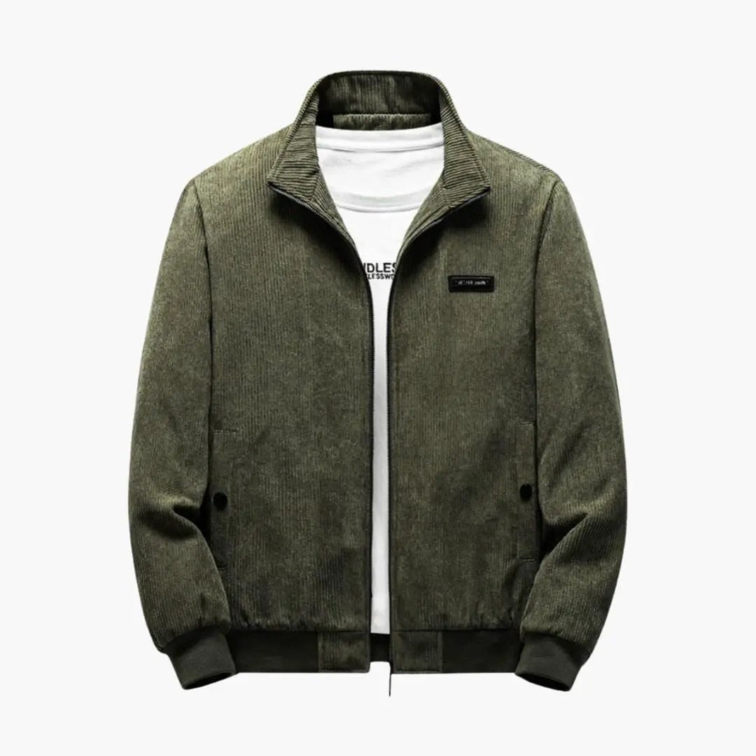 Cordjacke für Herren von Wilfred Smith in Olivgrün, Reißverschluss und Logo-Patch