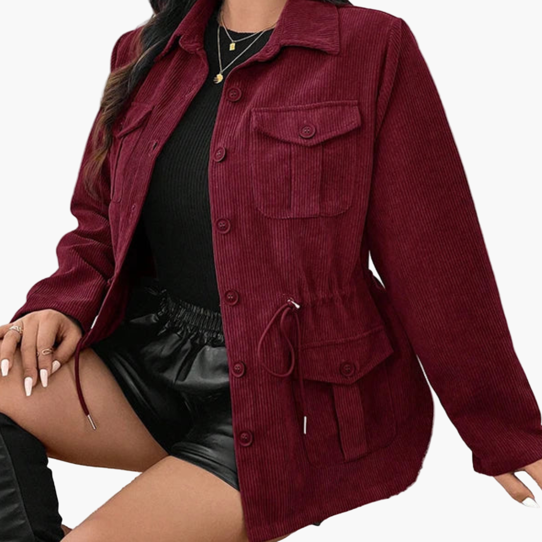 Women's corduroy jacket with waist drawstring in burgundy, button-front with flap pockets.