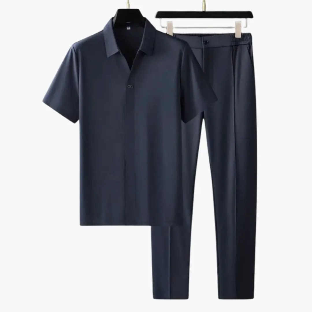Outfit set for men: navy short-sleeve shirt with slim-fit pants by Wilfred Smith