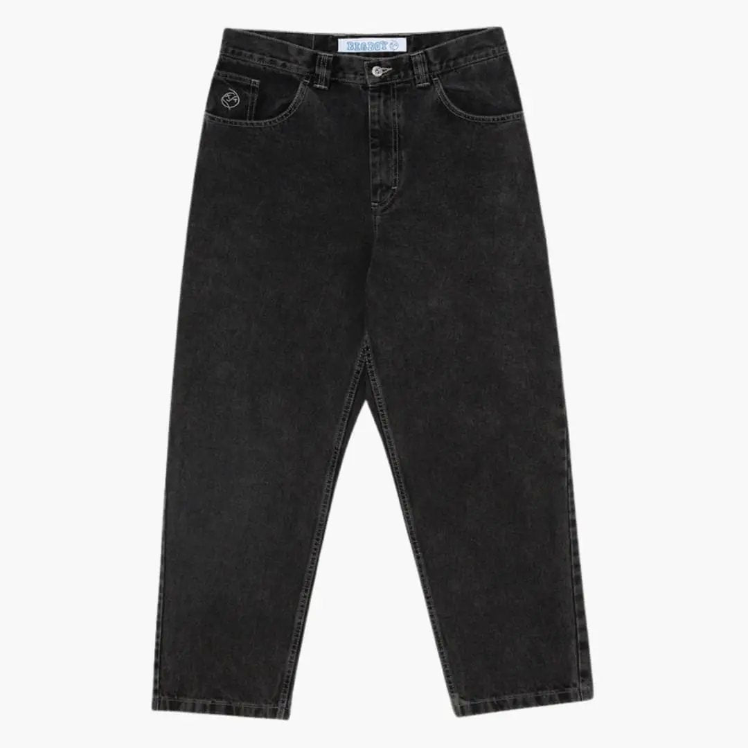 Loose baggy jeans for men in black washed denim by Wilfred Smith with front pocket logo