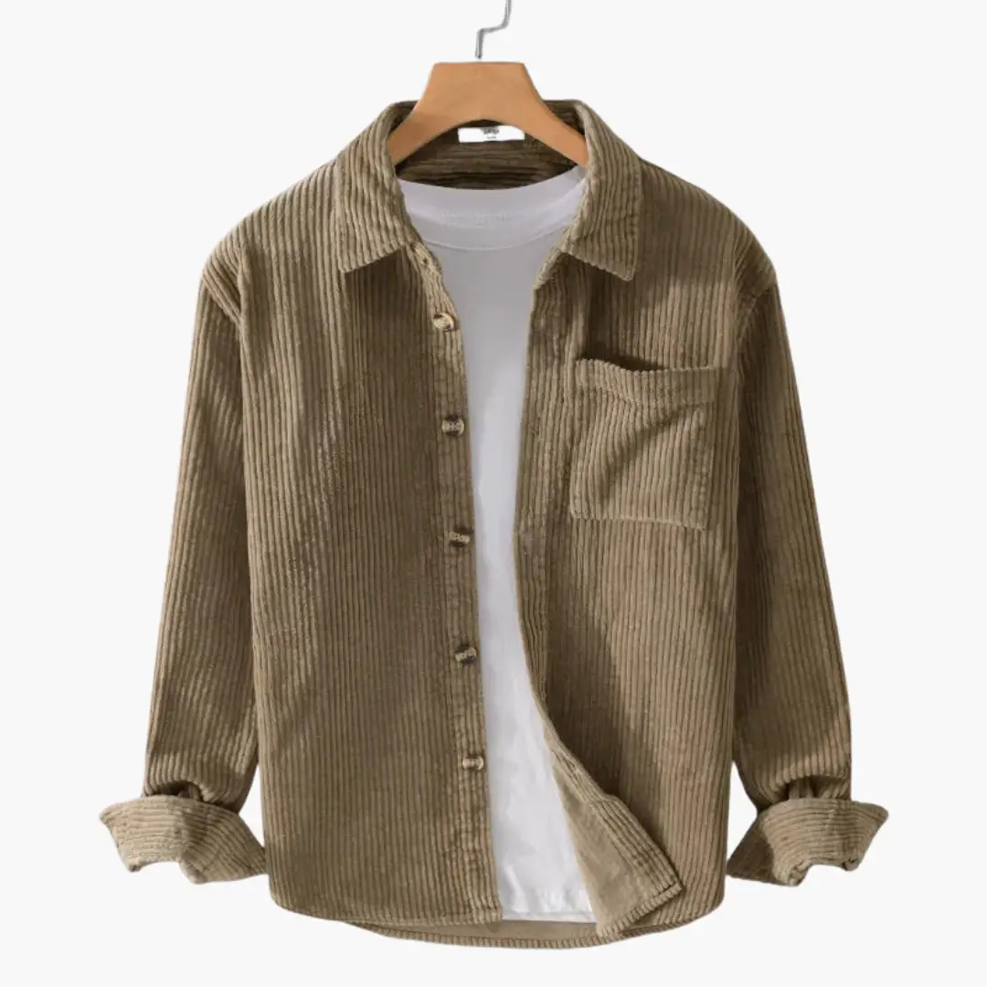 Corduroy overshirt for men in brown with oversized sleeves, chest pocket, and button placket