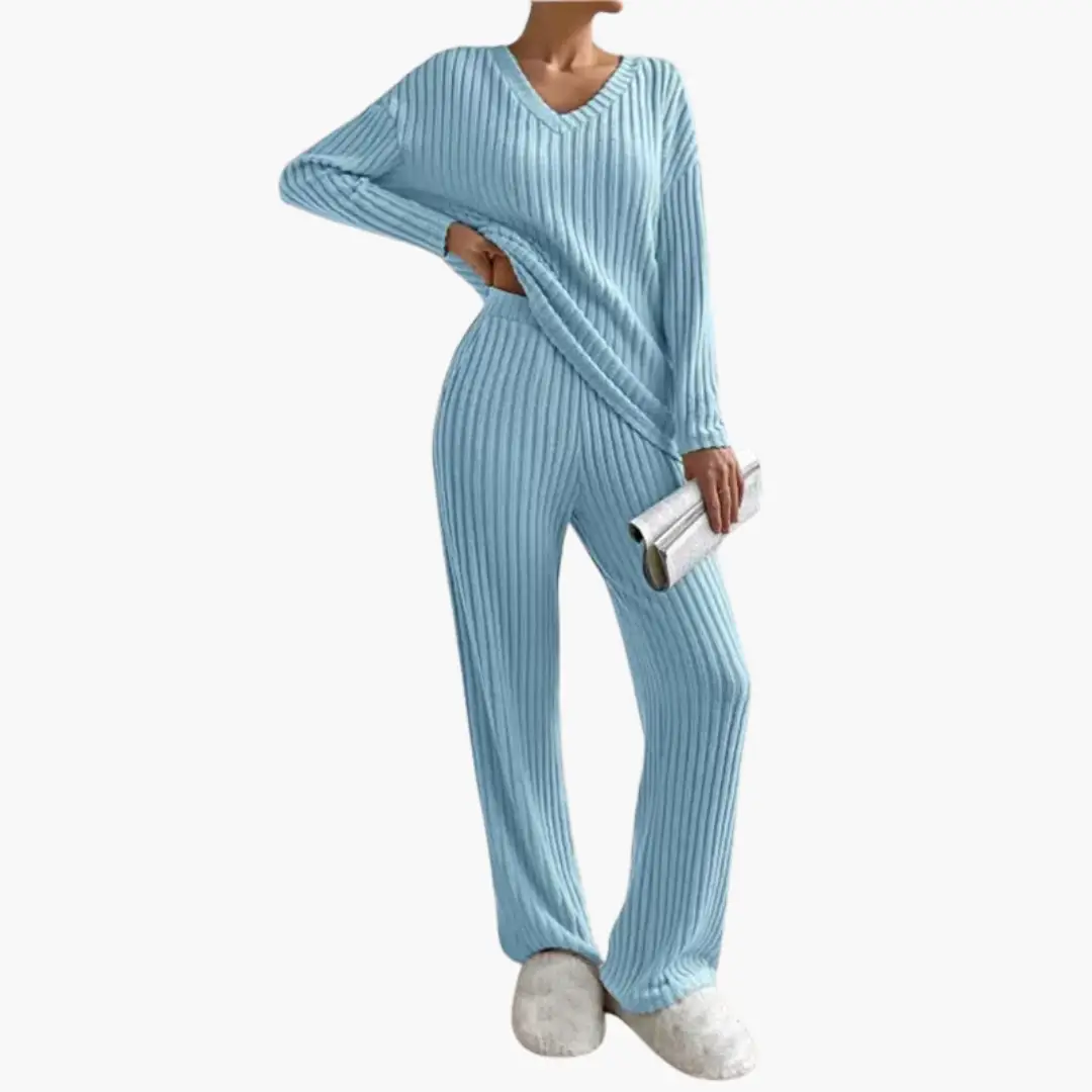 Wilfred Smith women's two-piece ribbed knit lounge set in light blue with V-neck top
